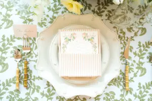 Pastel Floral Menu Card with Vintage Chargers and Bamboo Flatware Place Setting | Italian Summer Wedding Reception Decor Inspiration