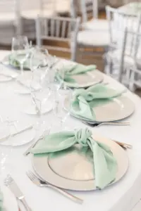 Elegant Green and Gray Wedding Reception Tablescape Decor Ideas | Sage Green Napkins with Gold Chargers and Flatware Inspiration
