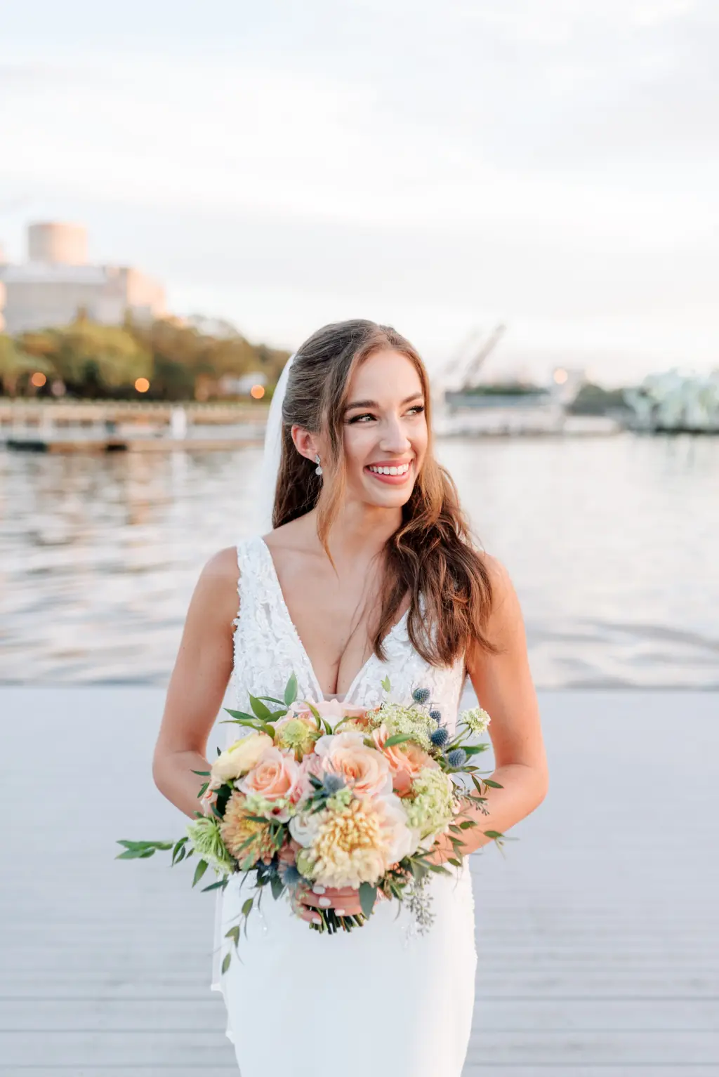 Elegant Hair and Makeup Ideas | Peach Orange Roses and Greenery Bridal Bouquet