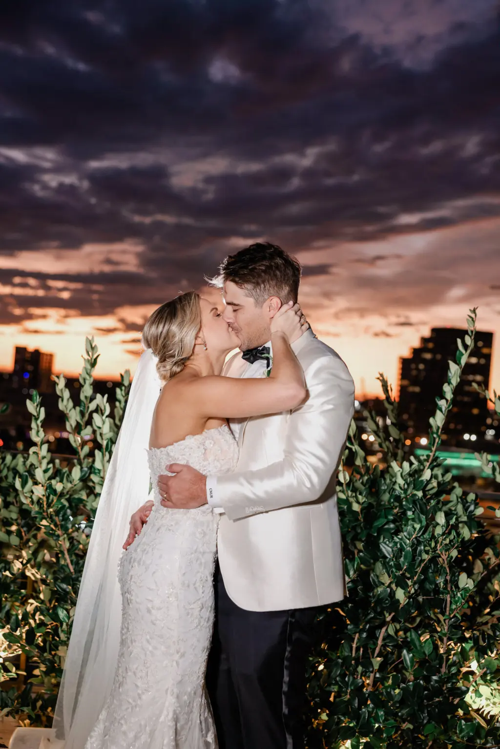 Bride and Groom Just Married Romantic Sunset Rooftop Wedding Ceremony Inspiration