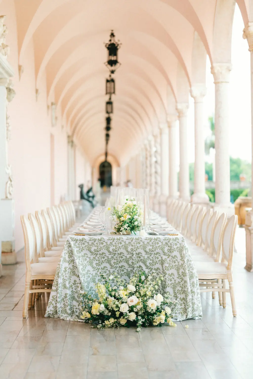 Intimate Italian Outdoor Wedding Reception | Long Feasting Table Inspiration with Damask Table Linen and Louis Chairs | Sarasota Venue The Ringling Museum and Gardens