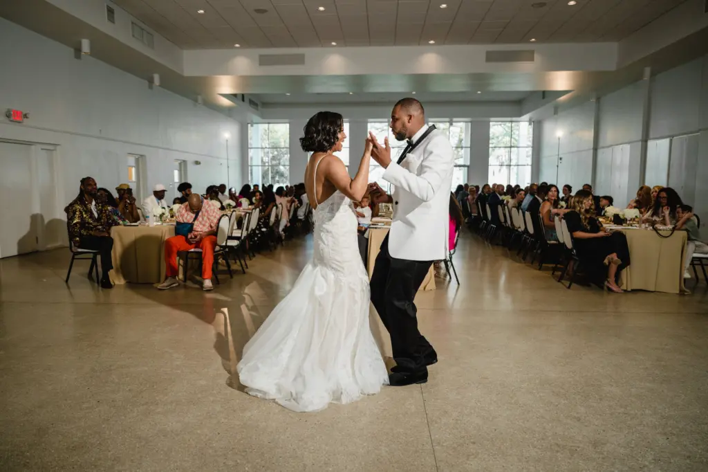 Bride and Groom First Dance Wedding Portrait | Elegant Wedding Reception Long Feasting Table Inspiration | Tampa Bay DJ Breezin Entertainment