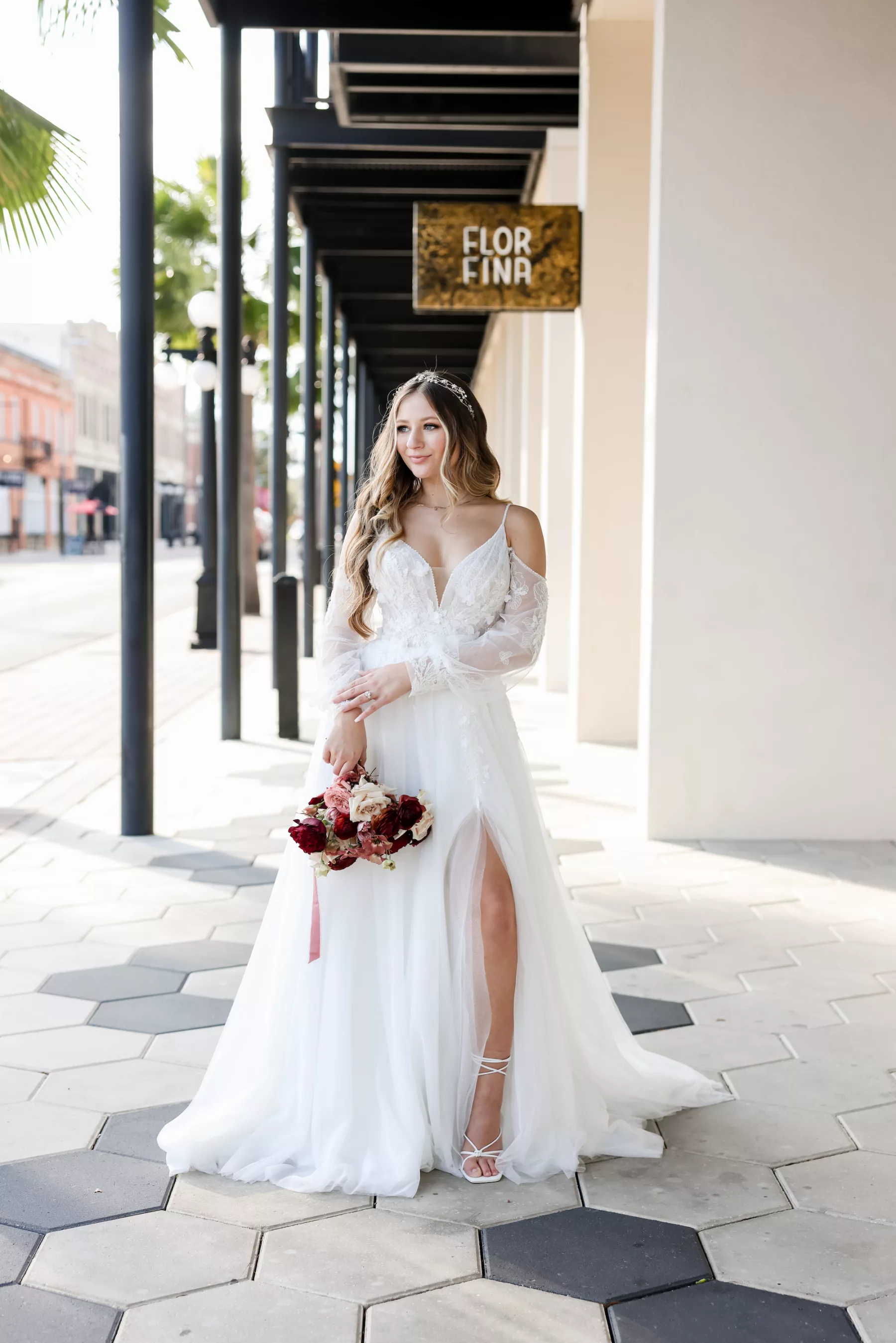 White Lace and Tulle Cold Shoulder A-Line Wedding Dress with High Slit Ideas | Boutique Truly Forever Bridal Tampa | Hair and Makeup Artist Adore Bridal Services | Photographer Lifelong Photography Studio