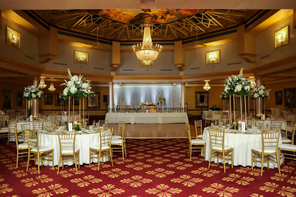 Elegant White and Gold Wedding Reception Decor Inspiration | Long Feasting Head Table with Gold Chiavari Chairs Ideas | Tampa Bay Event Venue Safety Harbor Resort and Spa