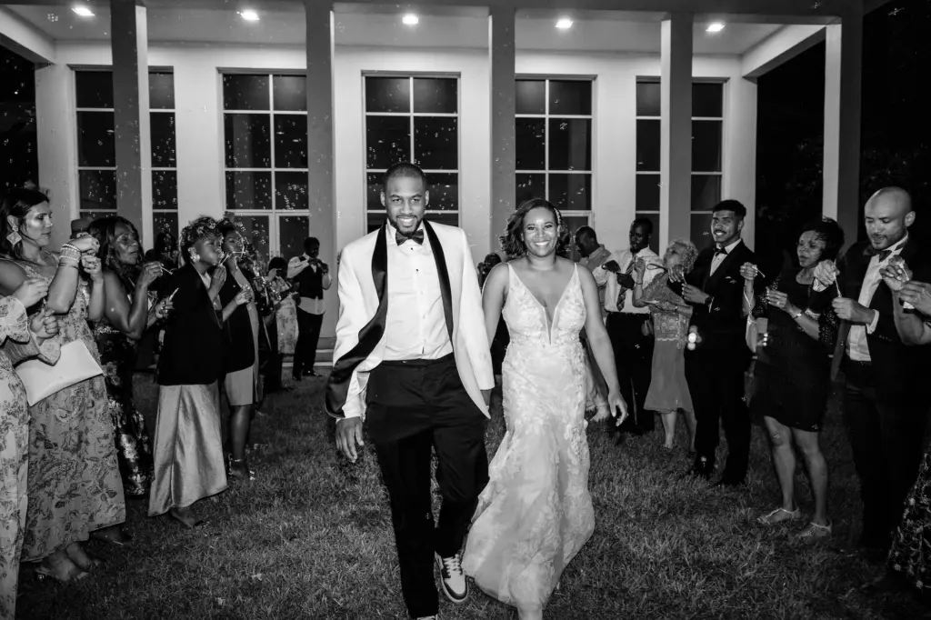 Bride and Groom Bubble Send Off | Wedding Reception Grand Exit Inspiration | Black and White Wedding Photography