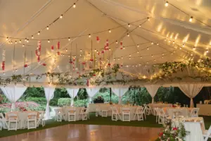White and Pink Tented Garden Wedding Reception Inspiration | Suspended Hanging Roses, Carnations, and Greenery, and Market String Bistro Lights Decor Ideas | Tampa Bay Planner Wilder Mind Events | St. Petersburg Outdoor Event Venue Sunken Gardens