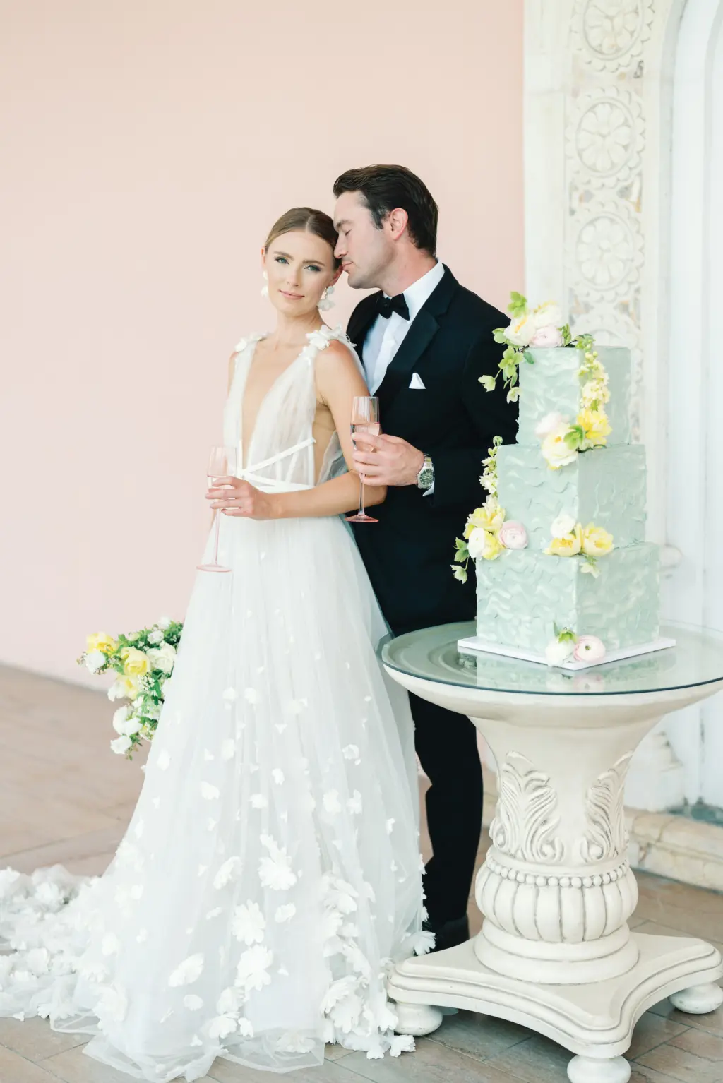 Whimsical Square Three-Tiered Blue Textured Wedding Cake with White and Yellow Rose Accents | Sarasota Photographer Amber Yonker Photography | White Tulle Deep V Neckline, A-Line Marchesa Italian Wedding Dress with Floral Applique