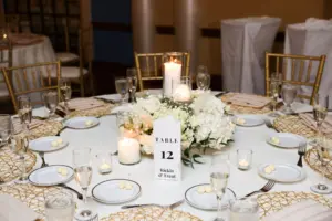 Monochromatic Winter White and Gold Wedding Reception Tablescape Decor Ideas | Pillar Candles, White Spray Roses, Baby's Breath, Hydrangeas, and Pampas Grass Centerpiece Inspiration | Gold Wire Charger Plates