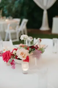 Arched Frosted Acrylic Table Number Sign Ideas | Pink and White Roses, Coneflowers, Carnations, and Bougainvillea Centerpiece Inspiration | Garden Wedding Reception Decor