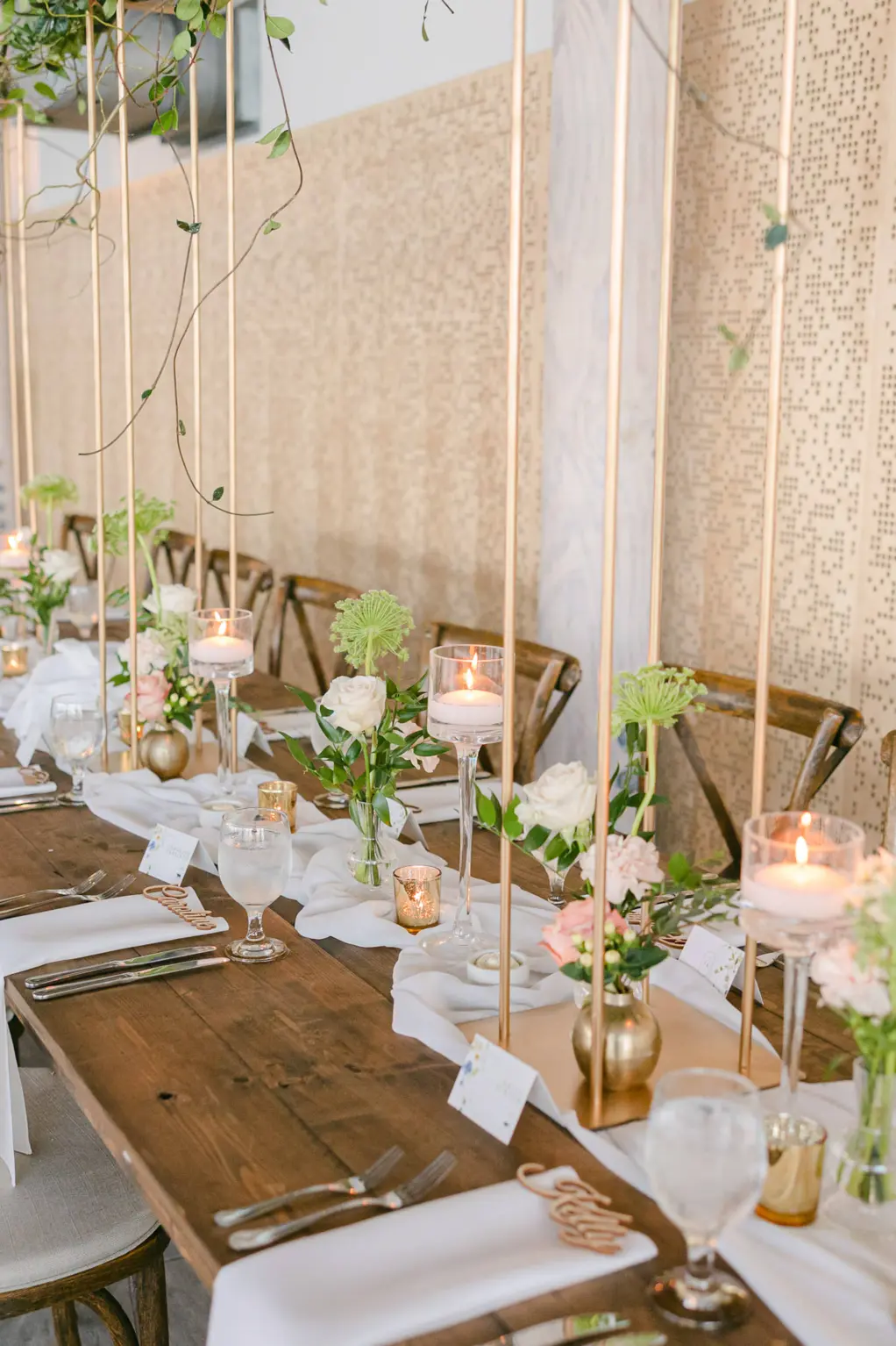 Elegant Garden Wedding Reception Decor Inspiration | Rustic Long Wooden Feasting Table | Floating Candles