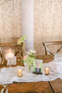 Unique Table Numbers with Dog | Floating Candles | Elegant Rustic Garden Wedding Reception Decor Inspiration