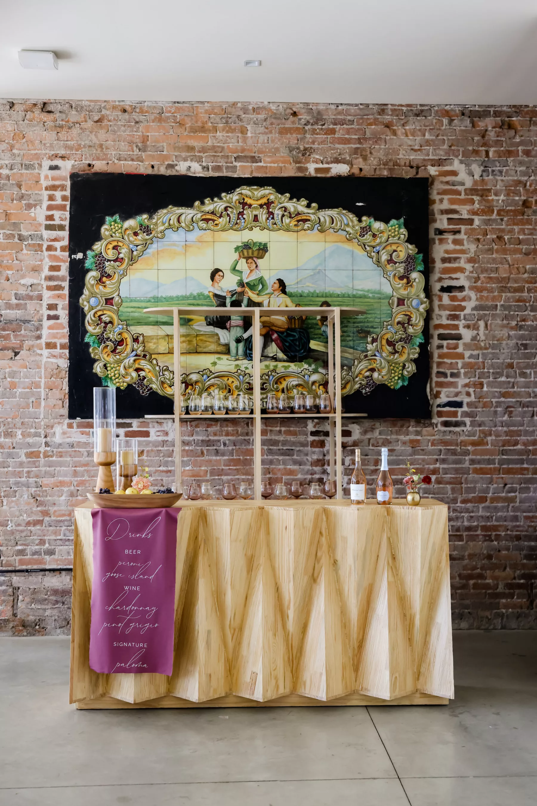 Retro Natural Wood Boca Etagere Wedding Reception Bar | Tampa Bay Kate Ryan Event Rentals