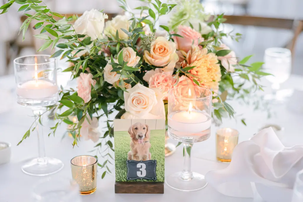 Unique Wedding Table Numbers with Dog | Pastel Peach Yellow and Pink Roses, and Orange Chrysanthemum Centerpiece with Floating Candles Inspiration