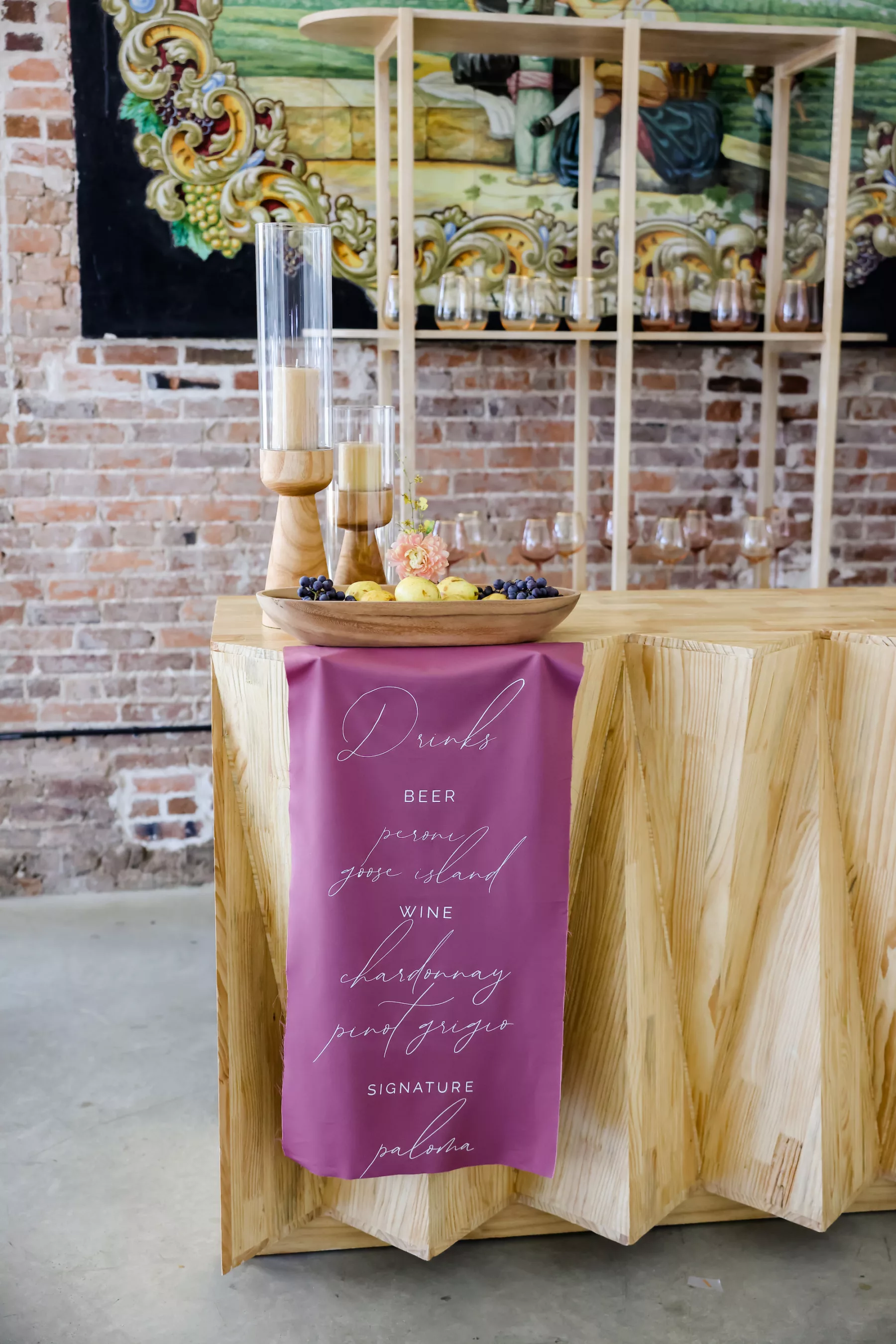 Retro Natural Wood Boca Etagere Wedding Reception Bar Inspiration | Drink Menu Fabric Sign Ideas | Tampa Bay Kate Ryan Event Rentals