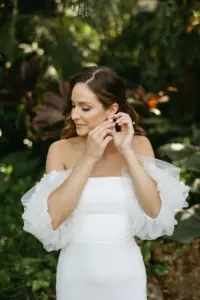 Elegant Bridal Wedding Hair and Makeup Inspiration | Removable Off-The-Shoulder Puff Sleeves for White Timeless Simple Strapless Fit and Flare Alexandra Grecco Wedding Dress Ideas | Tampa Bay Artist Femme Akoi Beauty Studio