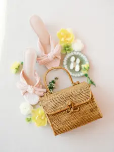Pink Bow Wedding Shoe Ideas with Woven Rattan Purse