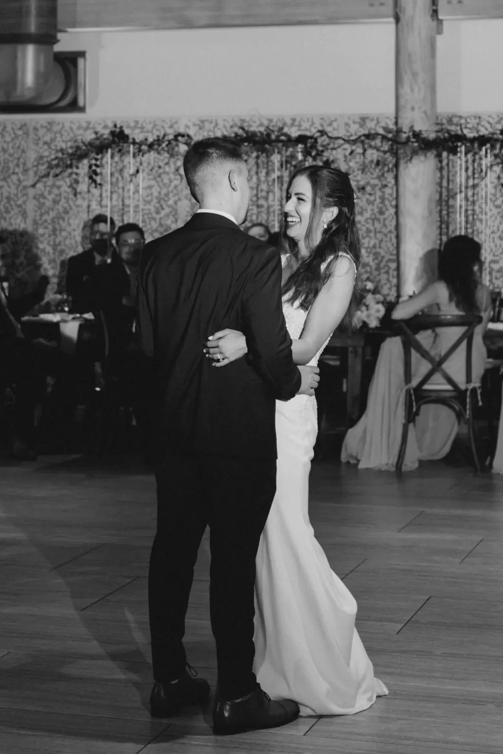Bride and Groom First Dance Black and White Wedding Portrait