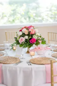 Elegant Garden Pink Roses and Greenery Wedding Reception Centerpiece Inspiration with Hyacinth Place Mats and Pink Linen Ideas
