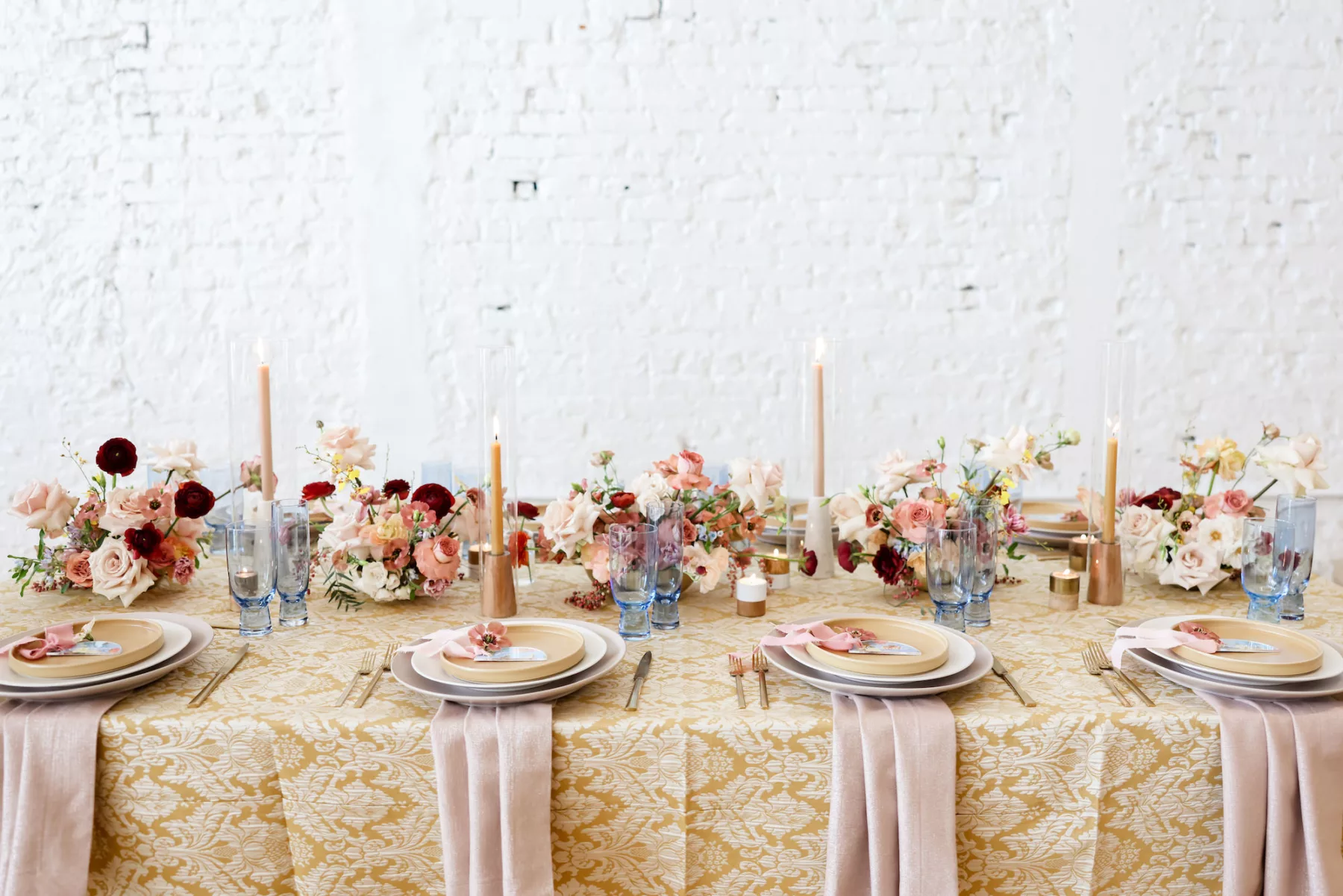 Retro Mid-Century Wedding Reception Yellow, Pink, Blue, and Red Tablescape Place Setting Decor Inspiration | Tampa Bay Planner Blue Skies Events