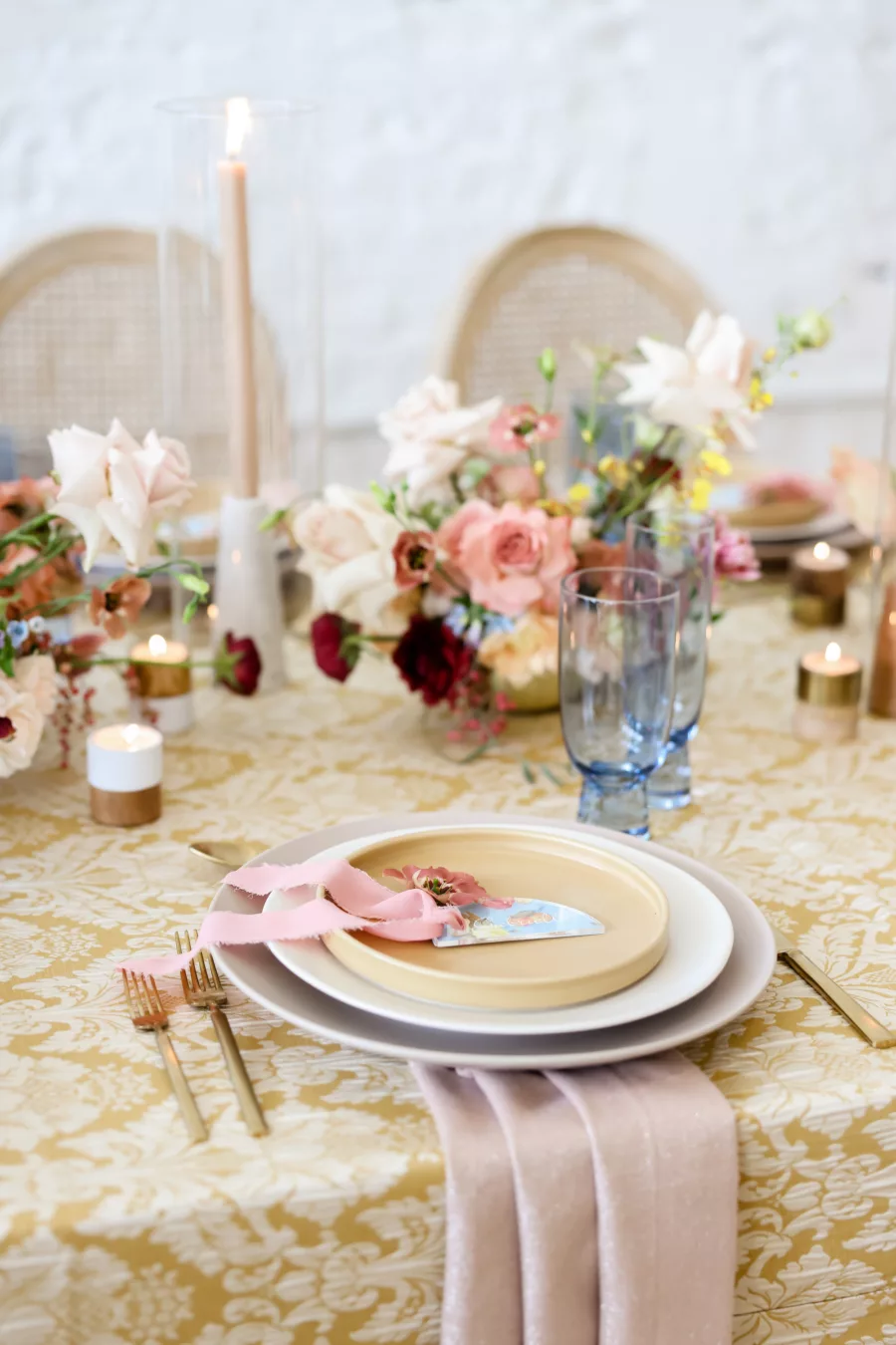 Retro Mid-Century Wedding Reception Yellow, Pink, Blue, and Red Place Setting Decor Inspiration
