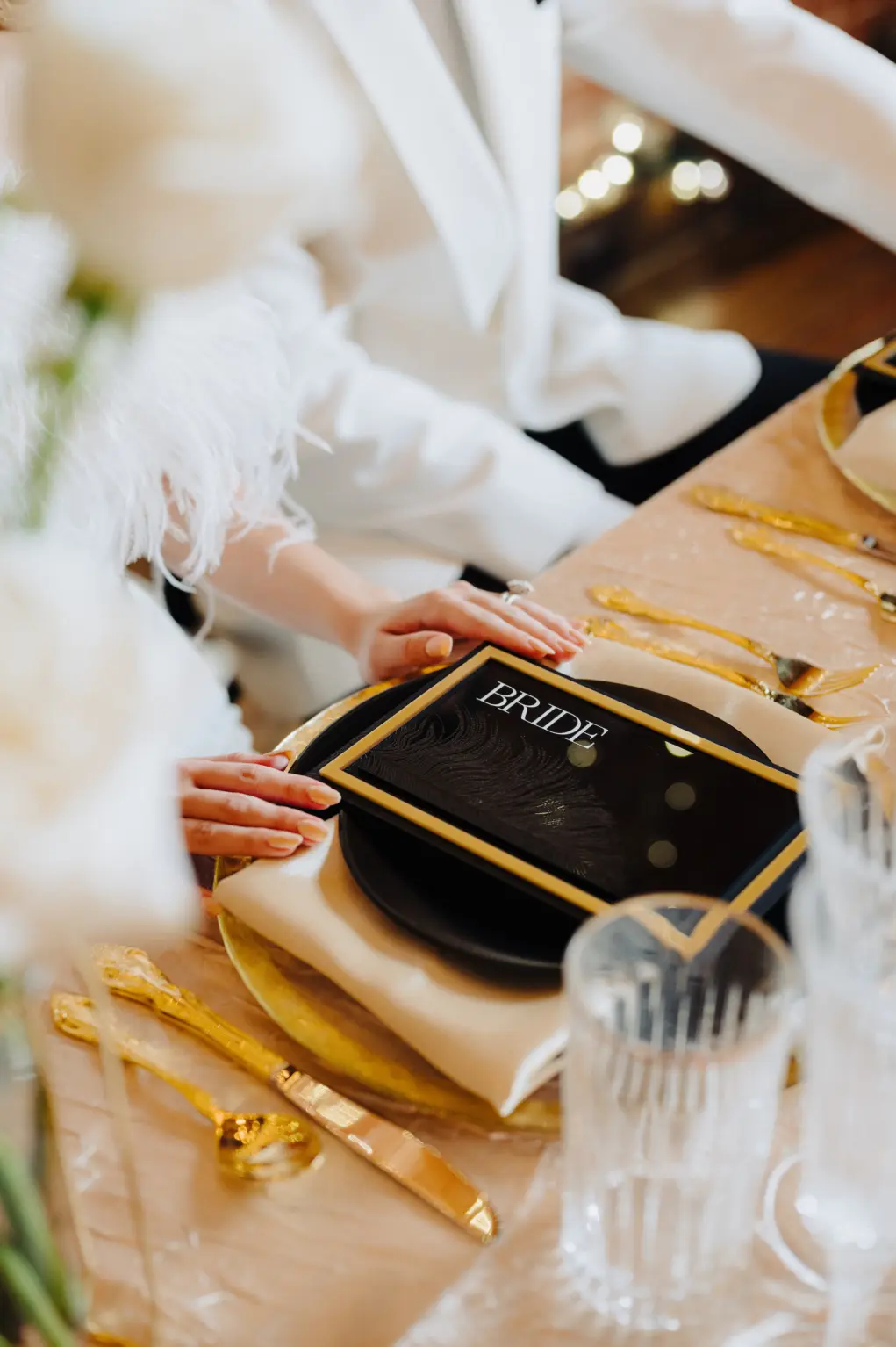 Modern 1920s Great Gatsby Inspired Black and Gold Wedding Reception Table Setting Inspiration | Menu Card Ideas | Textured Tablecloth | Tampa Bay Kate Ryan Event Rentals