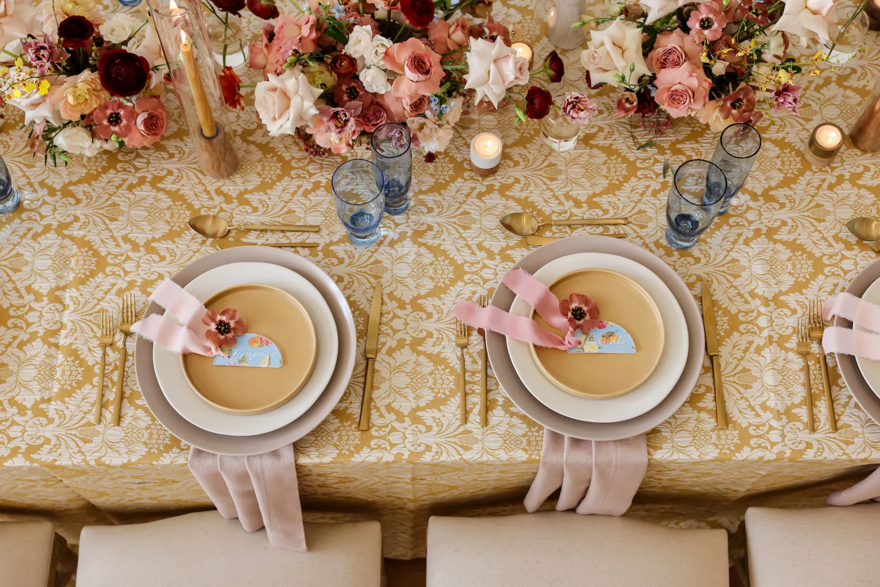 Retro Mid-Century Wedding Reception Yellow Place Setting Decor Inspiration | Pink, Red, and White Rose Centerpiece Ideas