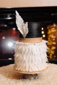 Black, White, and Gold Two-Tiered Feathered Cake Inspiration for Modern Great Gatsby Themed Wedding | Tampa Bay Bakery The Artistic Whisk