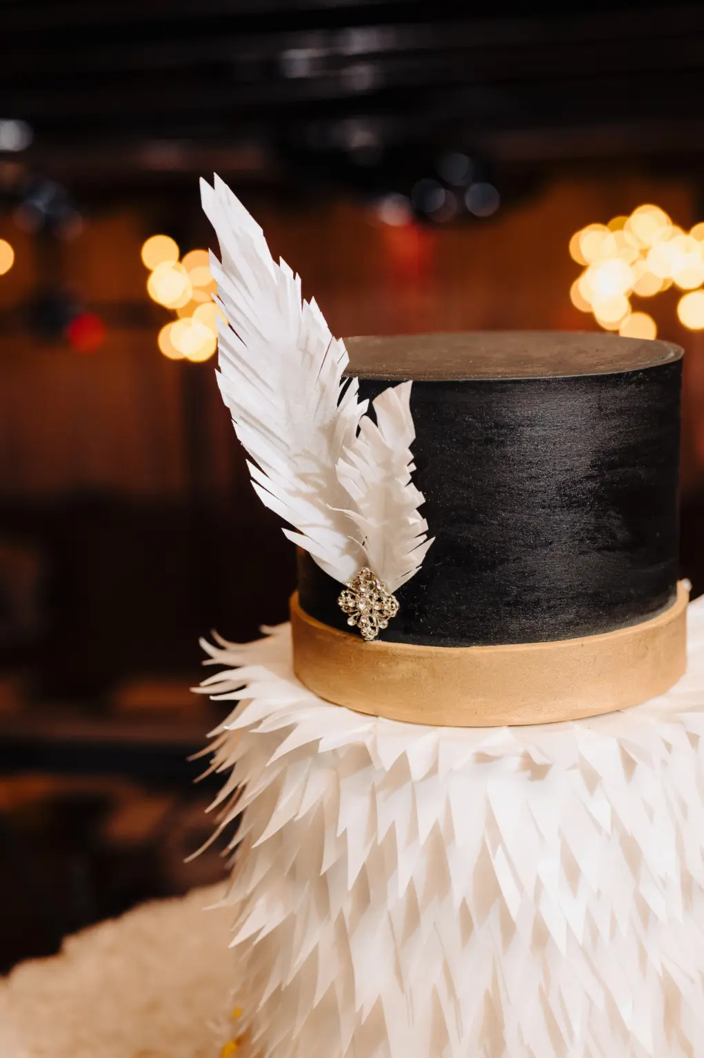 Black, White, and Gold Two-Tiered Feathered Cake Inspiration for Modern Great Gatsby Themed Wedding | Tampa Bay Bakery The Artistic Whisk