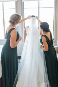 Evergreen Floor Length Bridesmaid Wedding Dress Ideas | Chapel Length Veil Inspiration