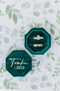 Oval Diamond Engagement Ring | Gold Stackable Wedding Band Inspiration | Custom Green Velvet Ring Box Ideas