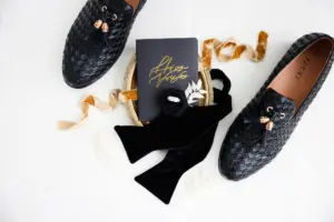 Black and Gold Jitai Woven Wedding Loafer Shoe Inspiration | Velvet Bowtie | Black and Gold Vow Booklet Ideas