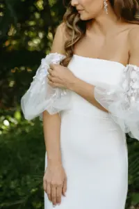 Removable Off-The-Shoulder Puff Sleeves for White Timeless Simple Strapless Fit and Flare Alexandra Grecco Wedding Dress Ideas