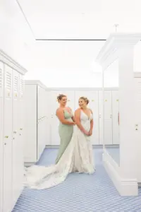 Bride and Sister Getting Ready | Sage Green Bridesmaid Dress Ideas | Ivory and Nude Lace Tulle A-Line Wedding Dress Inspiration | Tampa Bay Event Venue The Concession Golf Club