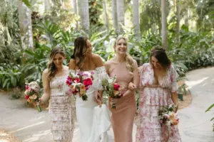 Mismatched Garden Floral Pink and Blush Bridesmaids Wedding Dress Inspiration | Loose Curls Bridesmaid Hair Style Ideas | Tampa Bay Hair and Makeup Artists Femme Akoi Beauty Studio