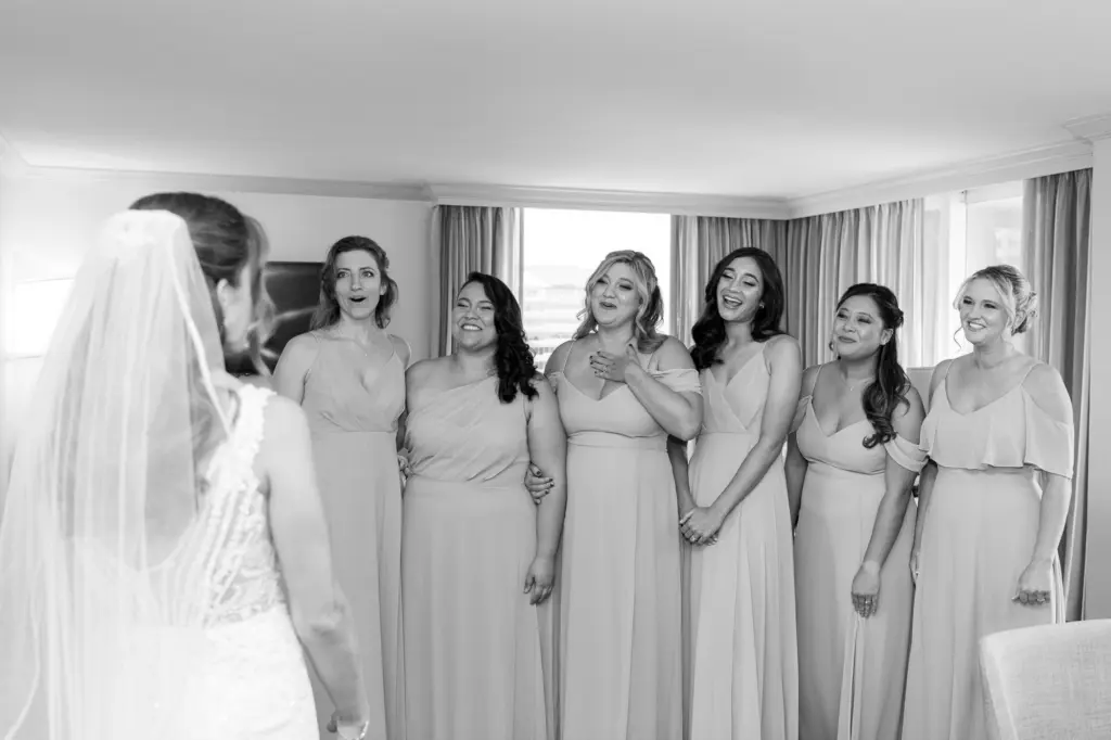 Bride and Bridesmaids First Look Black and White Wedding Portrait