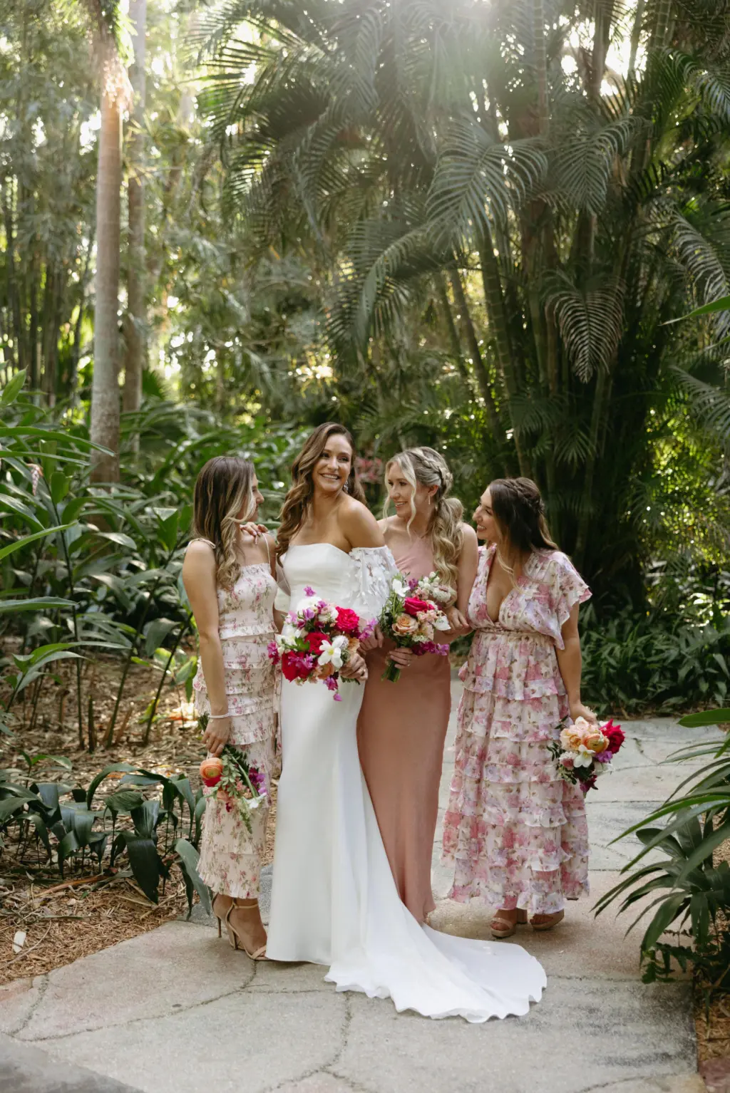 Mismatched Garden Floral Pink and Blush Bridesmaids Wedding Dress Inspiration | Loose Curls Bridesmaid Hair Style Ideas | Tampa Bay Hair and Makeup Artists Femme Akoi Beauty Studio