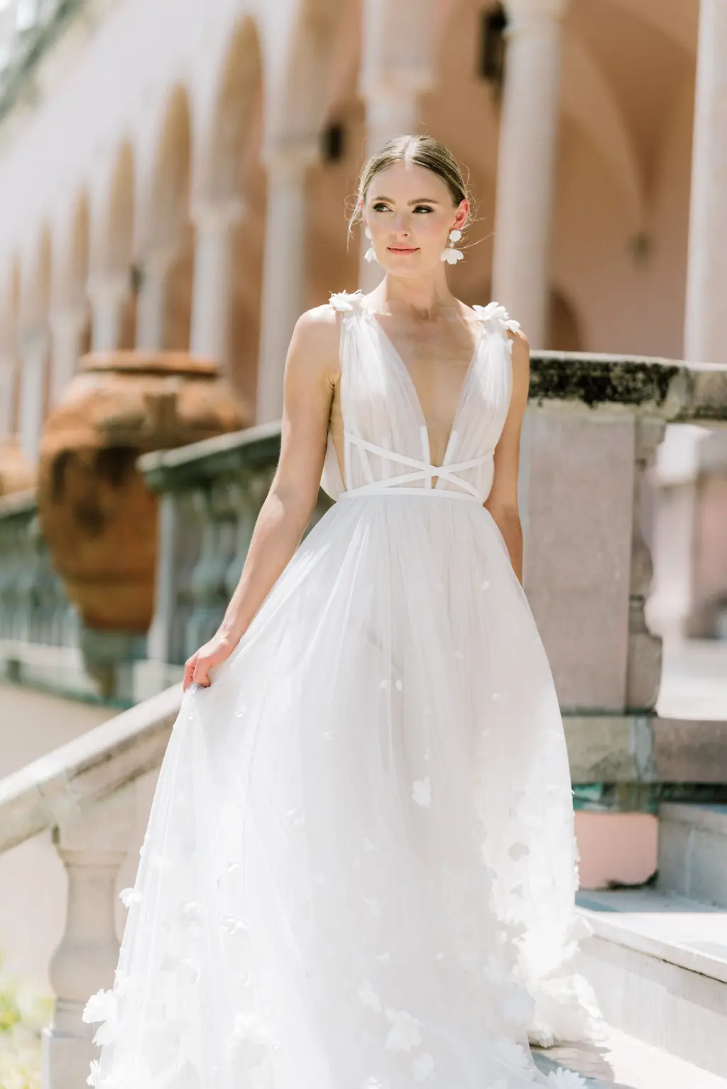 White Tulle Deep V Neckline, A-Line Marchesa Italian Wedding Dress with Floral Applique Inspiration | Sarasota Photographer Amber Yonker Photography