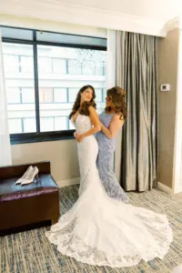 Bride and Mother Getting Ready Wedding Portrait | Lace Deep-V Sheer Lace Bodice Mermaid Maggie Sottero Wedding Dress Ideas