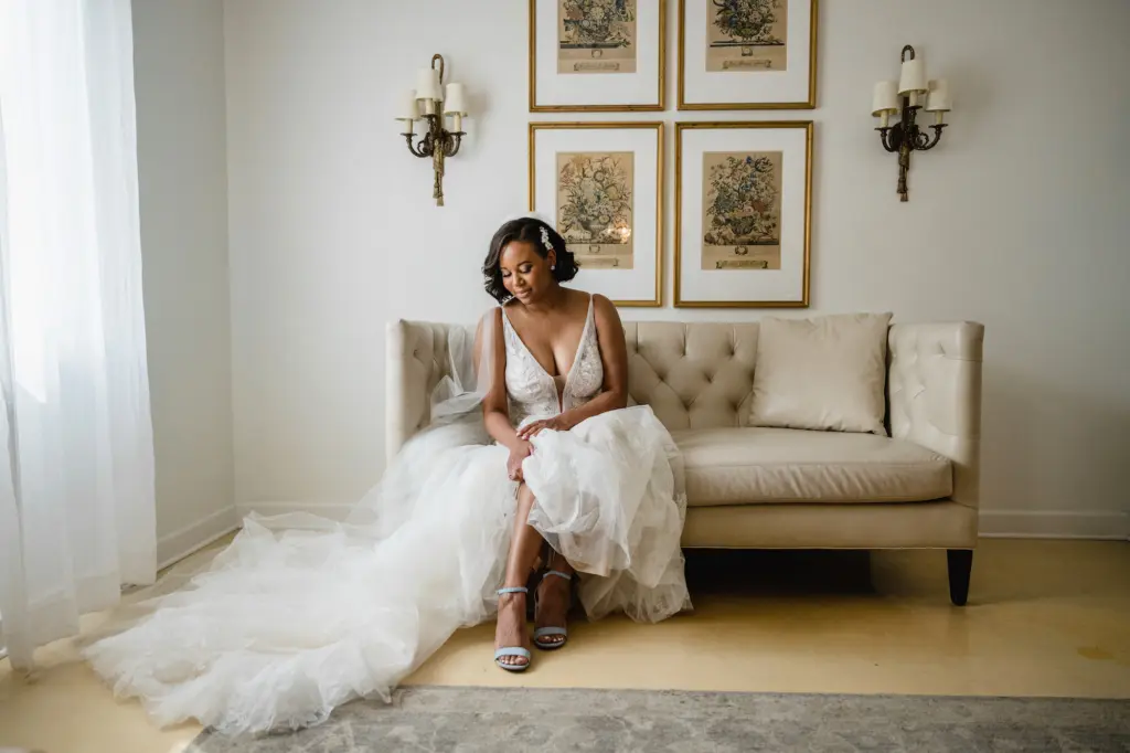 Bride Getting Ready | Ivory and Nude Floral Fit-and-Flare Open Back All Who Wander Wedding Dress Inspiration | Tampa Garden Club Wedding Venue Bridal Suite | Tampa Wedding Photographer Iyrus Weddings