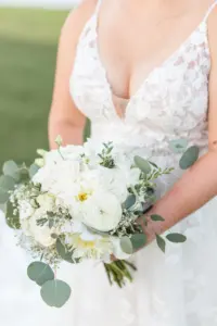 White Roses, Baby's Breath, and Eucalyptus Bouquet Inspiration | Ivory and Nude Spaghetti Strap Lace Tulle A-Line Wedding Dress Ideas | Sarasota Florist Beneva Flowers and Plantscapes