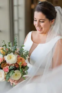 Natural Bridal Wedding Hair and Makeup Ideas | Bridal Wedding Bouquet with Yellow, Peach, Orange, and Pink Roses, Dahlia, and Eucalyptus Greenery Ideas | Tampa Bay Artist Michele Renee The Studio