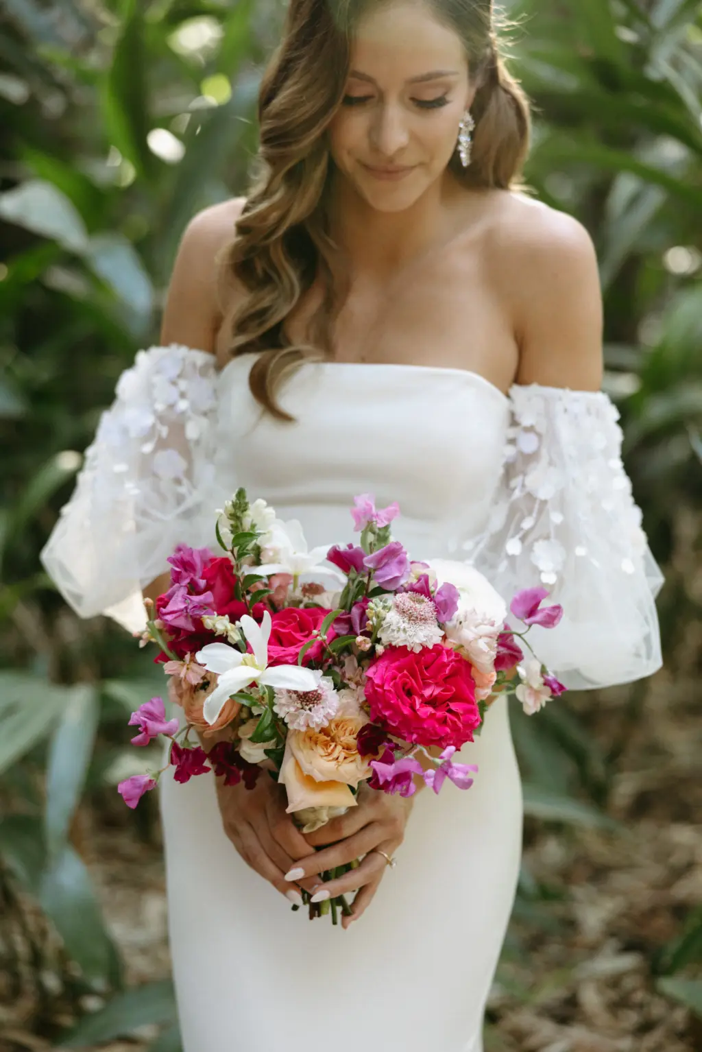 Removable Off-The-Shoulder Puff Sleeves for White Timeless Simple Strapless Fit and Flare Alexandra Grecco Wedding Dress Ideas | Pink and Blush Garden Roses, Pink Bougainvillea, Bridal Garden Bouquet Inspiration | Tampa Planner Wilder Mind Events | Hair and Makeup Artists Femme Akoi Beauty Studio