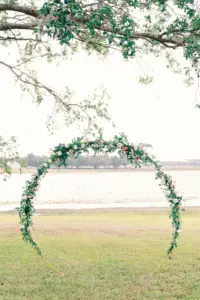 Round Arch with Greenery and Pink Roses Inspiration | Elegant Lakeside Wedding Ceremony Decor Ideas