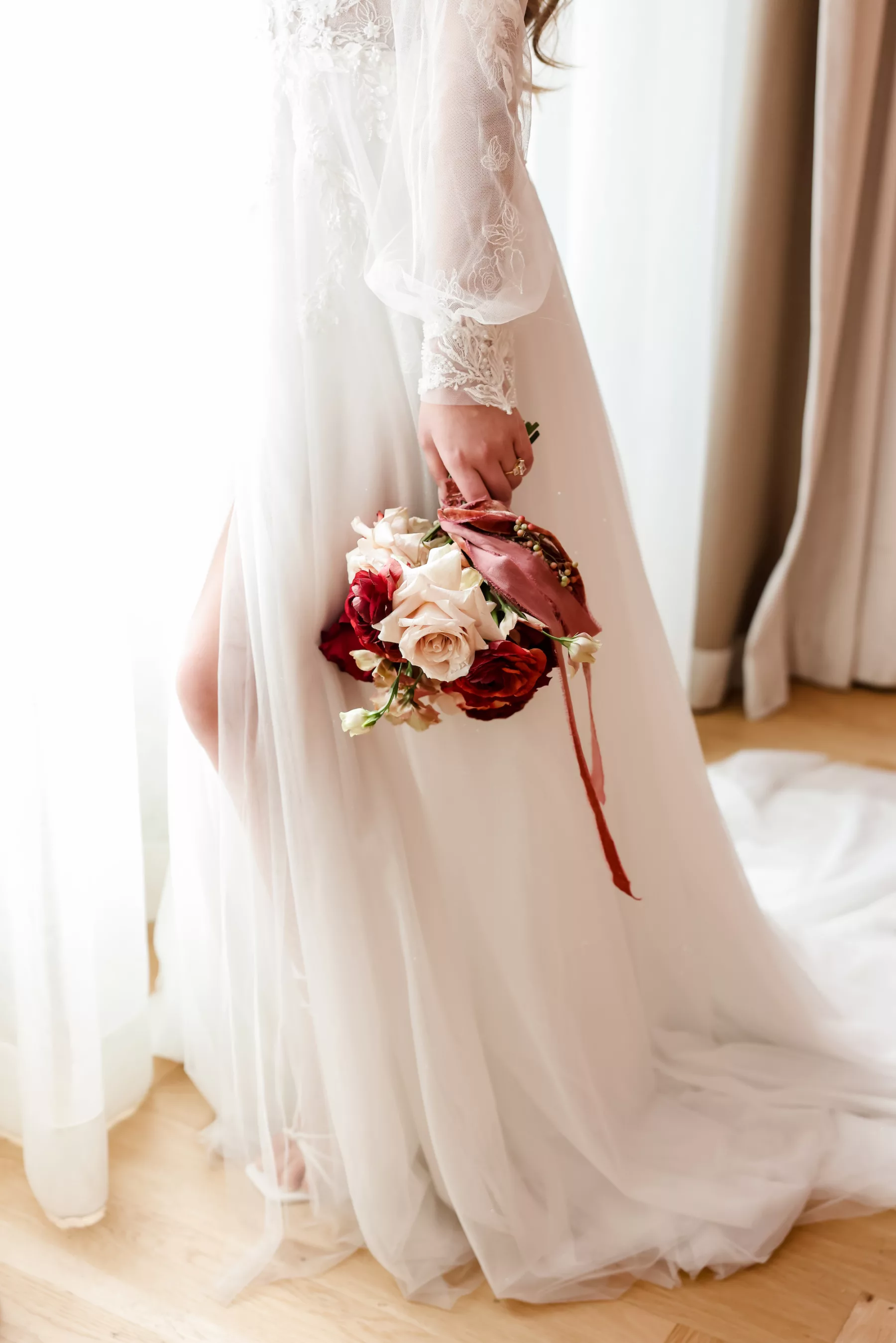White and Red Rose Wedding Bouquet Ideas | White Lace and Tulle Cold Shoulder A-Line Wedding Dress Inspiration | Boutique Truly Forever Bridal Tampa