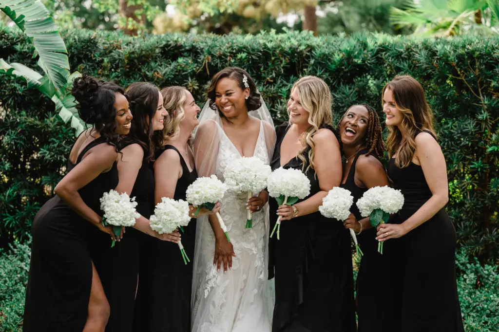 Classic Mismatched Black Bridesmaids Wedding Dress Ideas | White Hydrangea Bouquet Inspiration | Tampa Wedding Photographer Iyrus Weddings