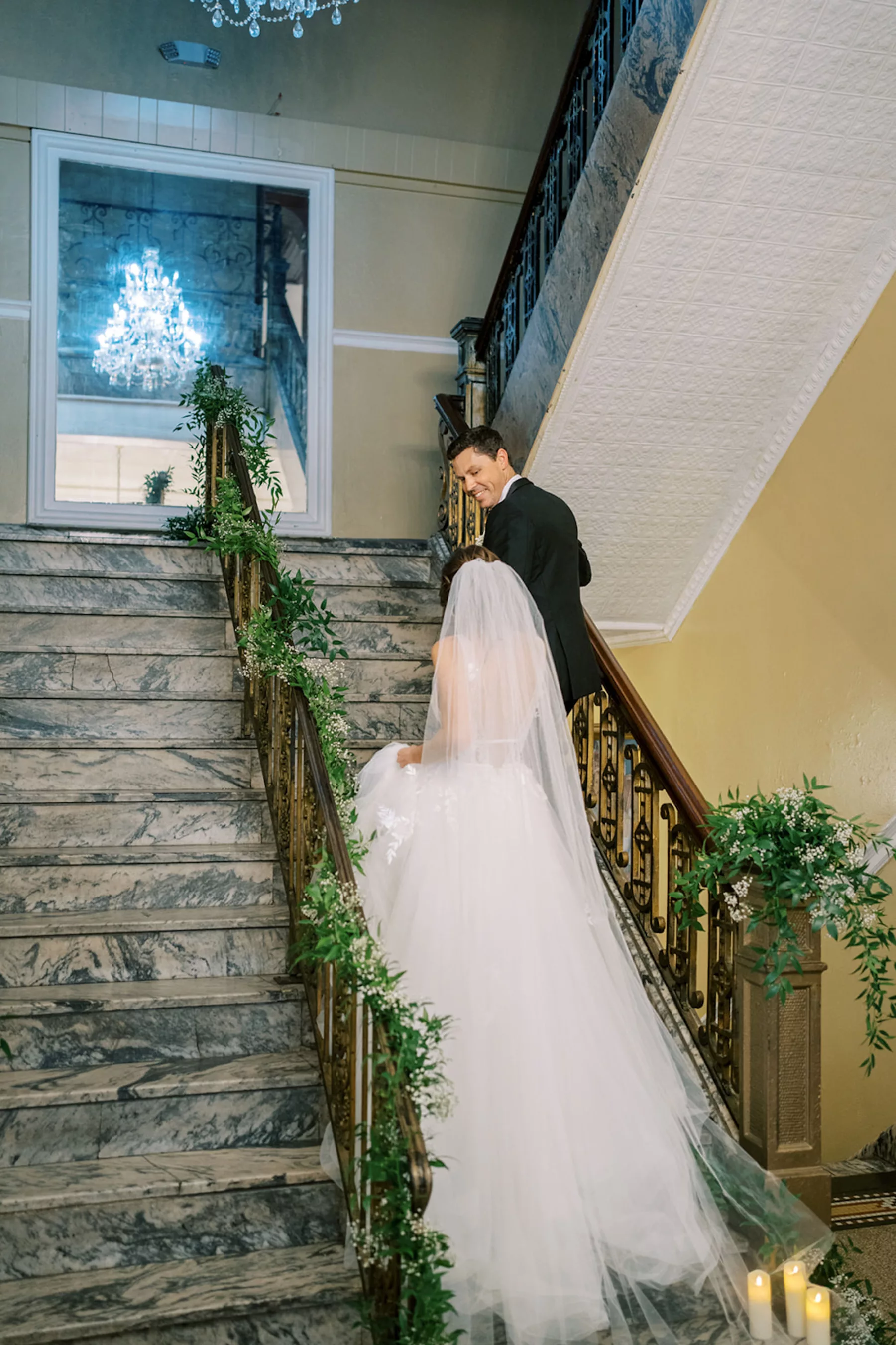 Bride and Groom Stair Wedding Portrait | Greenery Banister Garland Decor Ideas | Venue Centro Asturiano