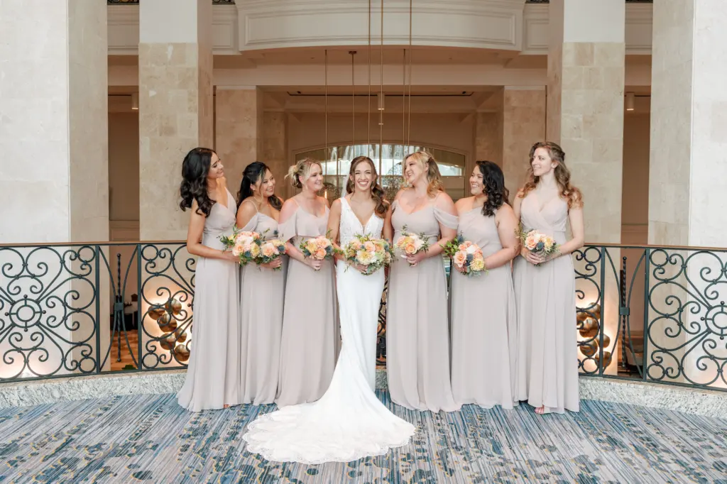 Neutral Beige Taupe Mismatched Chiffon Long Bridesmaids Wedding Dresses Inspiration | Peach, Orange, Yellow, and White Rose Bouquet Ideas