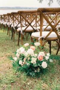 White and Pink Roses with Greenery Wedding Ceremony Aisle Decor Inspiration | Crossback Wooden Chairs Ideas