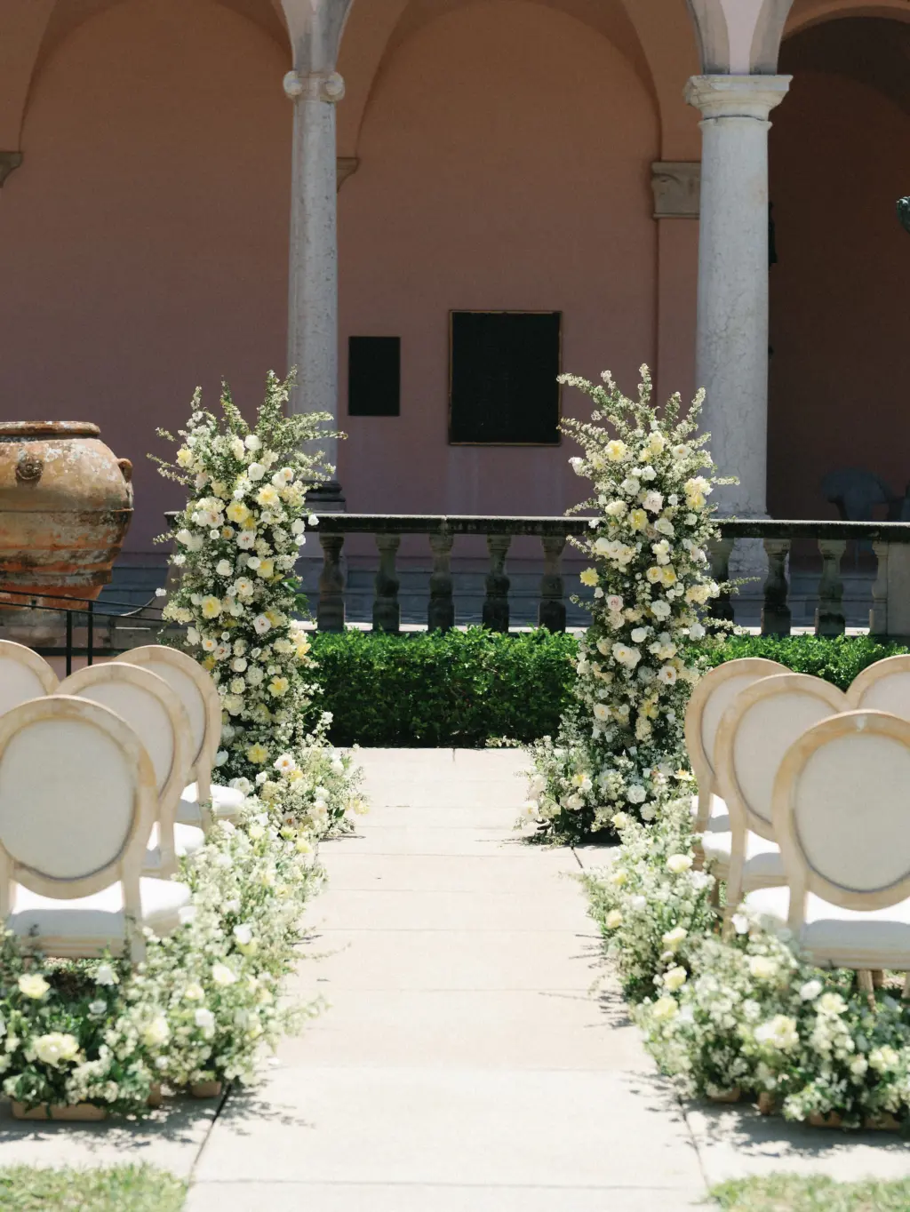 Yellow and White Roses with Greenery | Italian Wedding Outdoor Ceremony Floral Columns Arch Inspiration