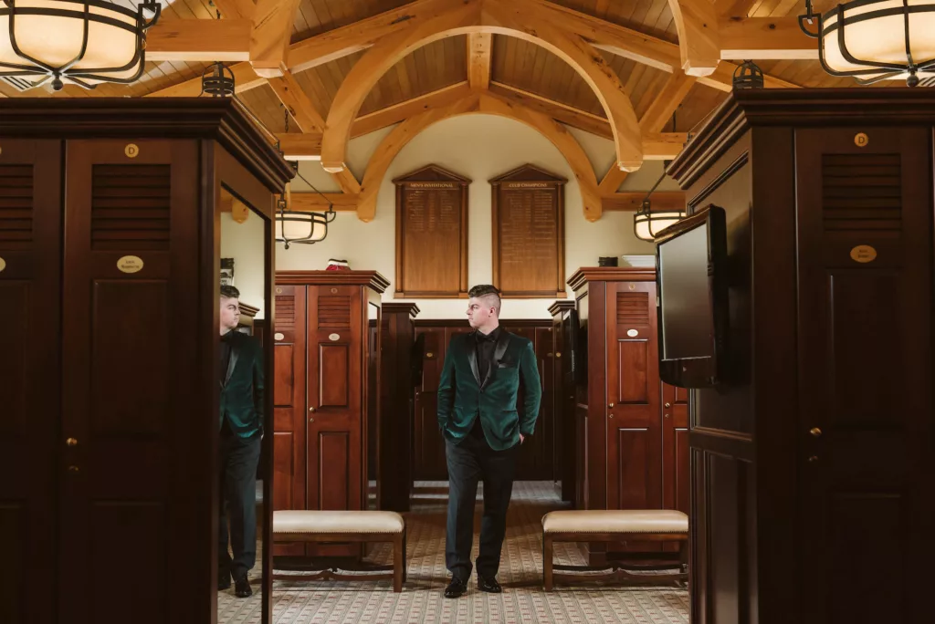 Groom's Green Velvet and Black Tuxedo Jacket Wedding Attire Ideas | Bradenton Event Venue The Concession Golf Club